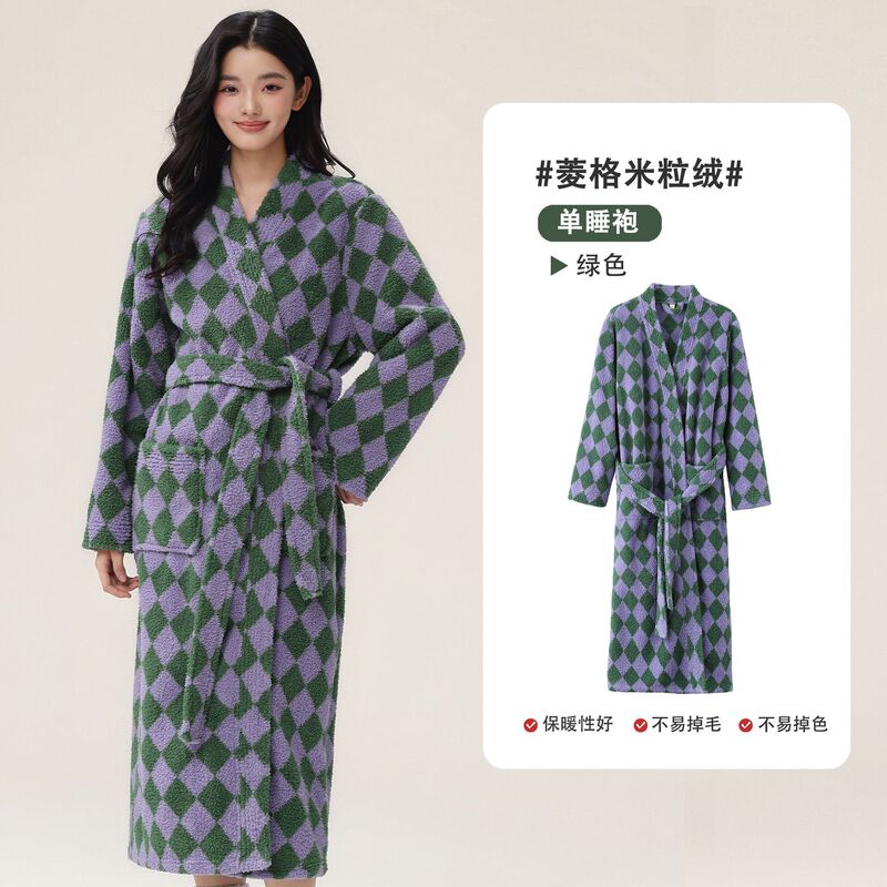 2025新款女士睡袍冬季长款加绒加厚半边绒情侣浴袍珊瑚绒家居服|undefined