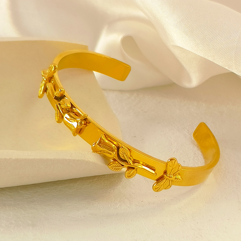 30g Weight Bangle Classification 1 Piece Quantity Vintage Style Flower Stainless Steel Plating Bangle