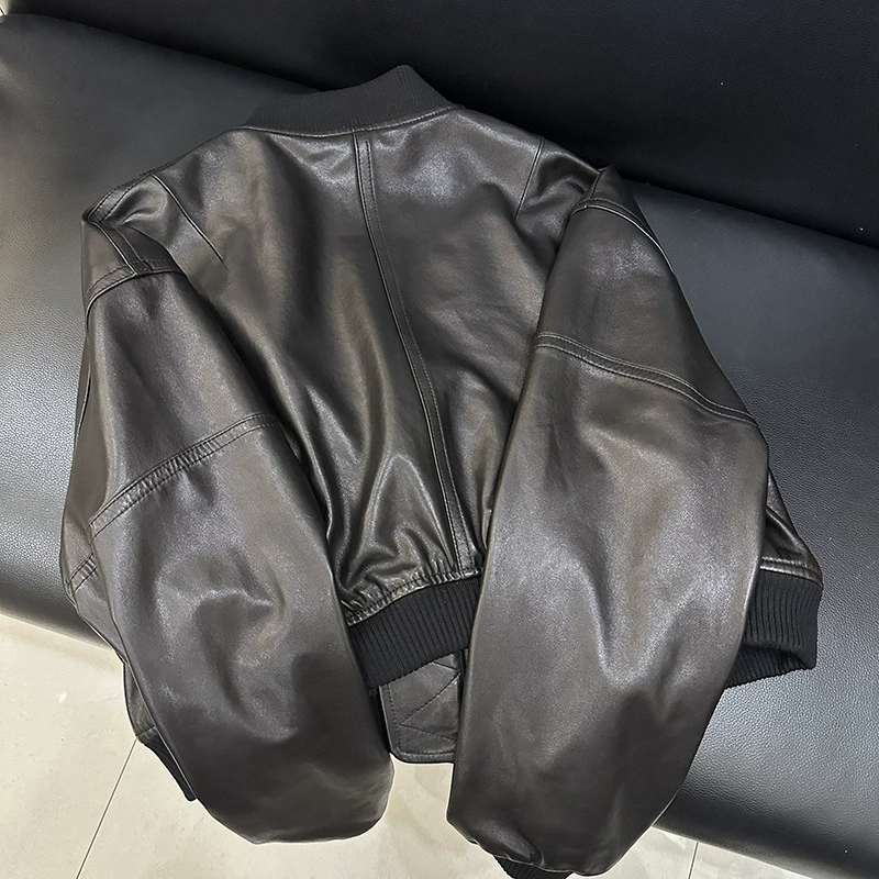 Short retro baseball uniform, jacket, genuine leather, oversize