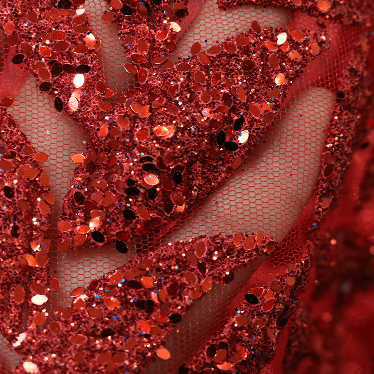 2024 nuevo hilo de malla de bambú rojo espumado polvo fino polvo pulverizado oro tela de vestido de boda
