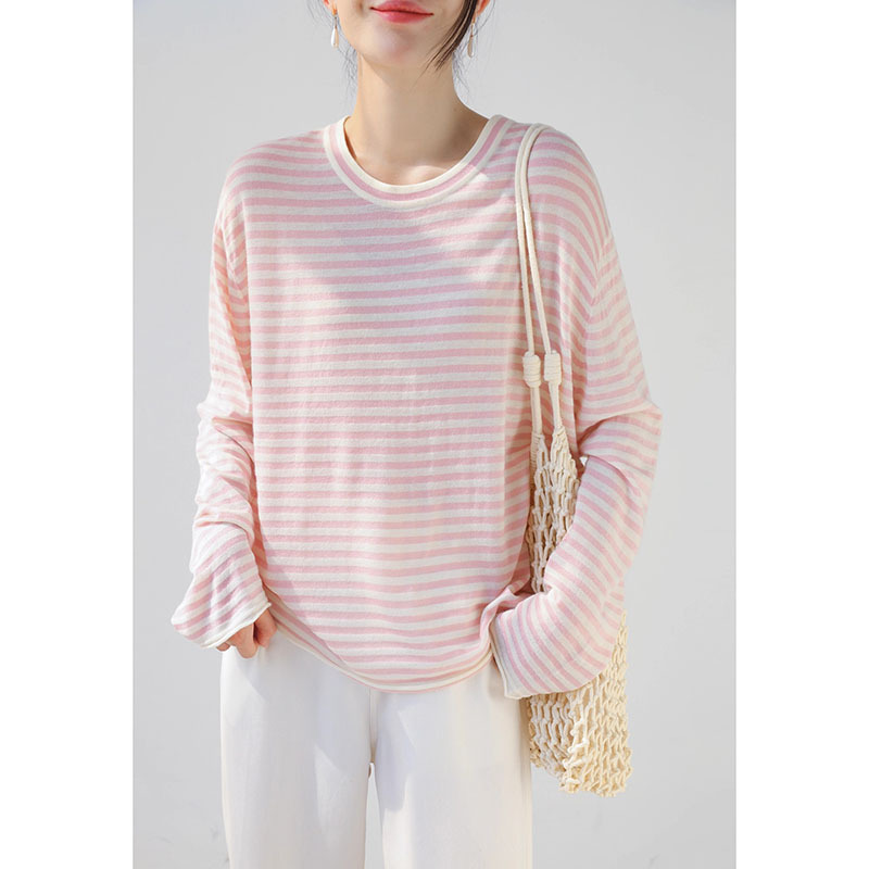 Designed Round Neck Rolled Edge Contrasting Stripesd Bright Silk Knitwear for Women in Autumn, Long-Sleeved Loose Top Pink Designed Round Neck Rolled Edge Contrasting Stripesd Bright Silk Knitwear for Women in Autumn, Long-Sleeved Loose Top Pink