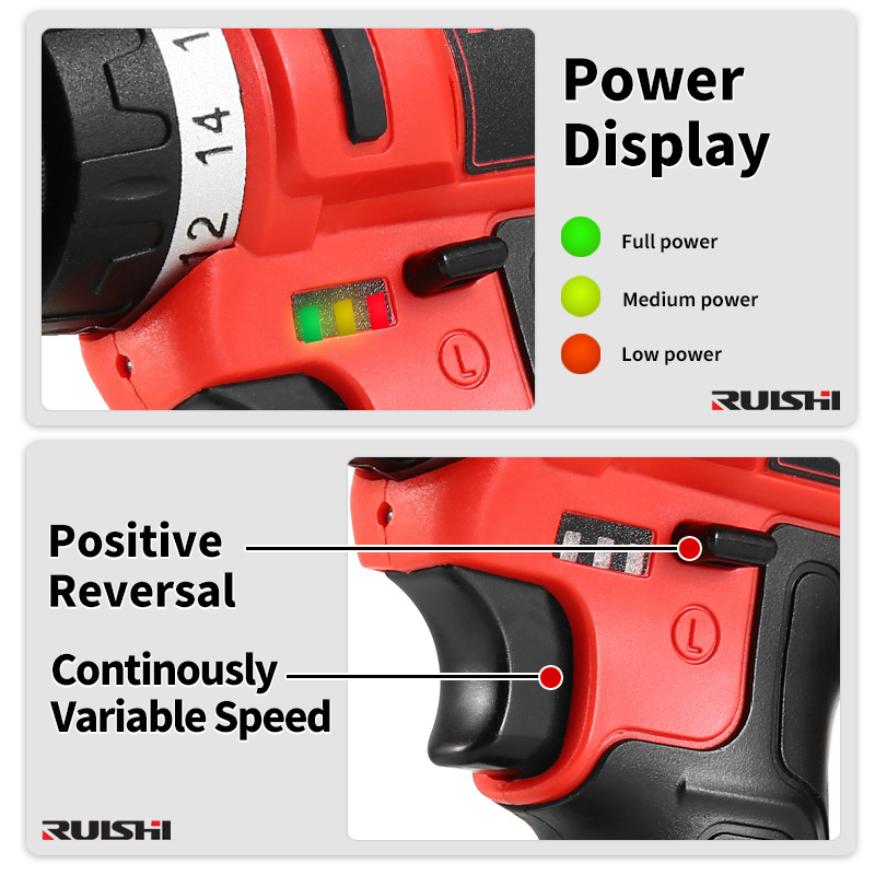 Suministro directo de fábrica Ruishi marca herramientas eléctricas hogar multi-funcional traje 12V taladro de mano recargable taladro eléctrico de litio