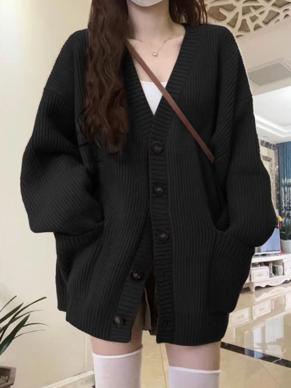 黑色毛衣外套女秋冬2025新款宽松外穿日系慵懒风复古软糯针织开衫|undefined
