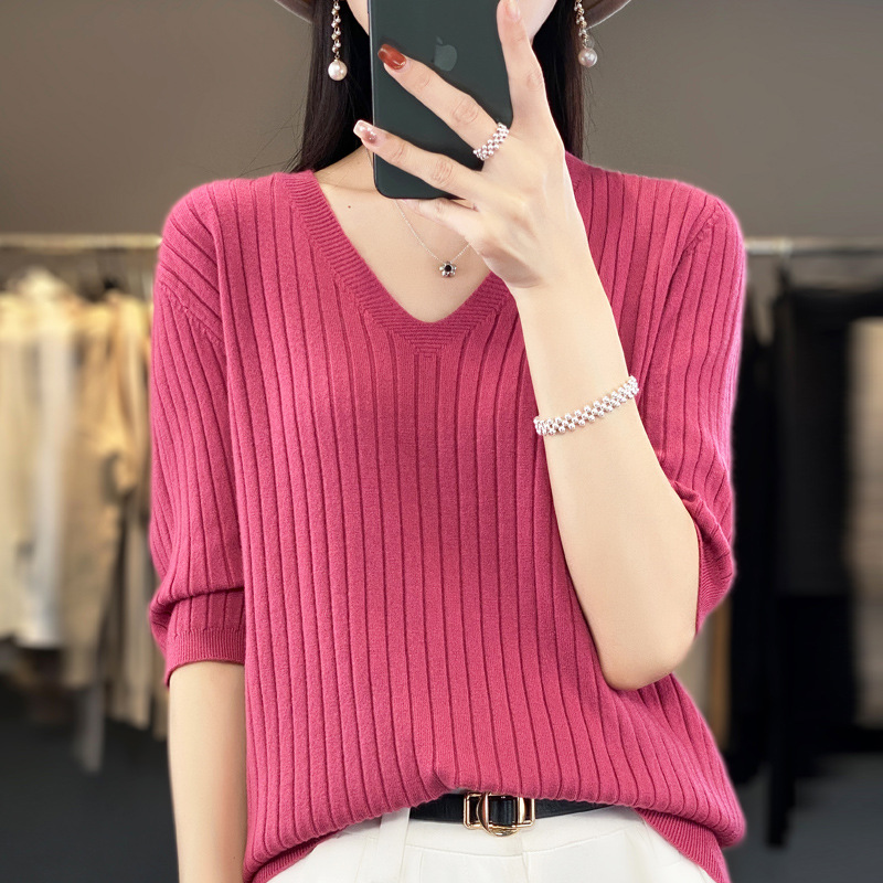 短袖针织打底衫女V领套头半袖薄款毛衣简约纯色毛衫半袖上衣T恤