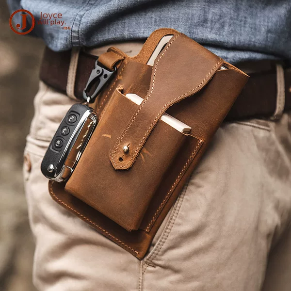 Cross-Border Men's Retro Crazy Horse Leather Mobile Phone Bag Waist Hanging Men's High-End Genuine Leather Outdoor Sports Tactical Waist Bag