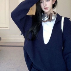 藏青色V领毛衣套装女秋冬新款慵懒松弛感穿搭休闲短裤针织两件套