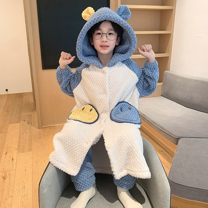 어린이 두꺼운 잠옷 소년의 따뜻한 플란넬 홈 옷 목욕 가운 긴 산호 양털 중대형 어린이 세트