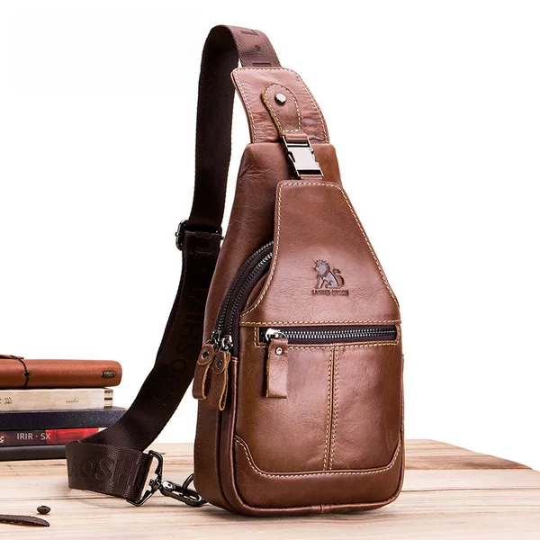 Steel Lion Genuine Leather Chest Bag for Men, First-Layer Cowhide Chest Bag, Retro Casual Style Single Shoulder Crossbody Bag Leather Bag