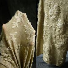 氧化绿调 立体肌理炒色弹力针织面料改造做旧复古旗袍设计师布料