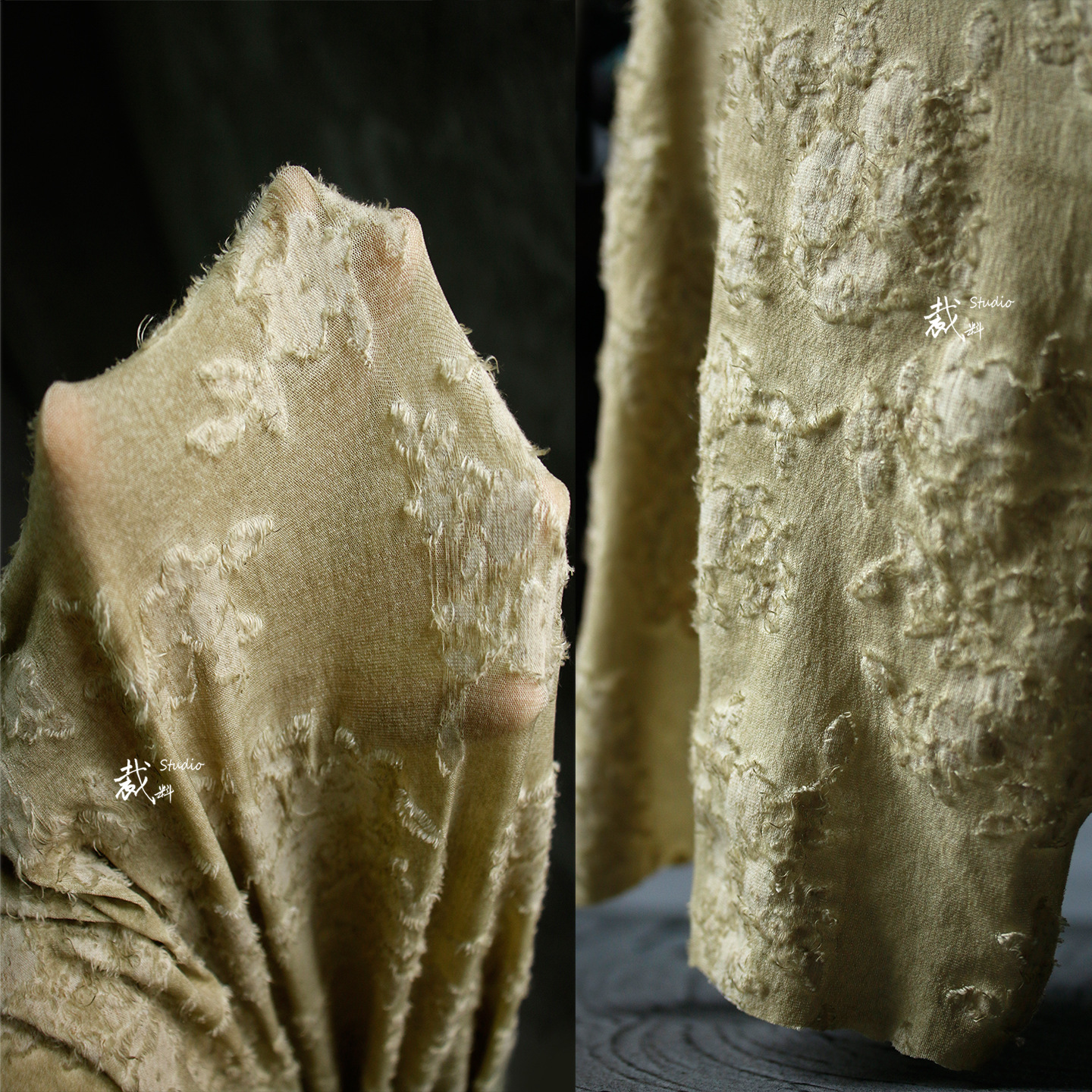 氧化绿调 立体肌理炒色弹力针织面料改造做旧复古旗袍设计师布料