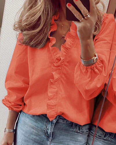  Amazon Wish AliExpress eBay Spring and Summer New European and American Long-sleeved Ruffled Blouse Women's Shirt 