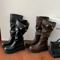 软皮版~增高5cm立体圆头厚底显瘦时髦粗跟按扣骑士靴女复古堆堆靴