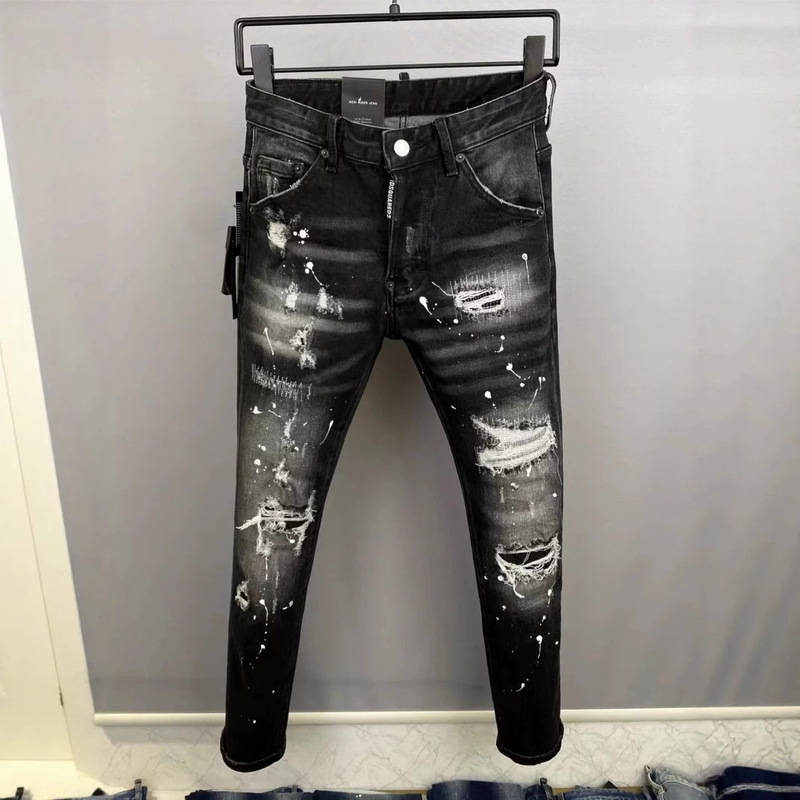 Spring and Summer 2025 New D2 Trendy Men's Washed Grinding Hole Patch Paint Slim-fit Feet Black Jeans Men's Fried Street