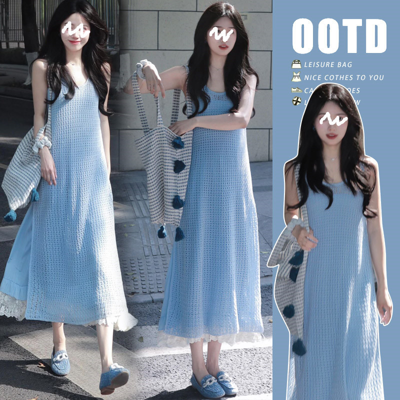 Net picture in stock 2025 new maternity dress summer knitted sleeveless dress with suspender skirt two-piece suit