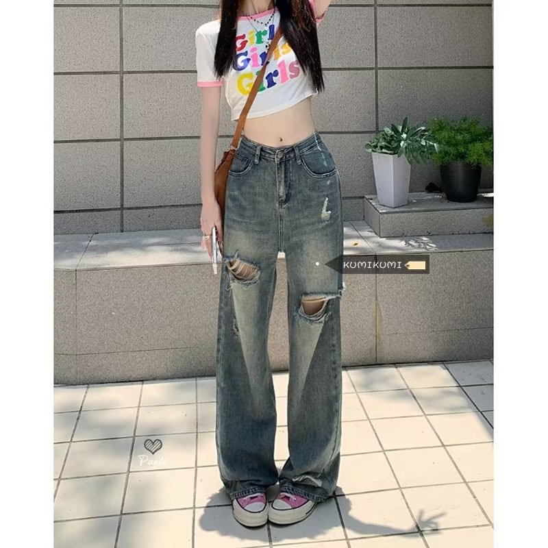 American Style New Retro Ripped Straight-Leg Loose Jeans for Women, Spring and Autumn High-Waisted Wide-Leg Floor-Length Pants Trendy American Style New Retro Ripped Straight-Leg Loose Jeans for Women, Spring and Autumn High-Waisted Wide-Leg Floor-Length Pants Trendy