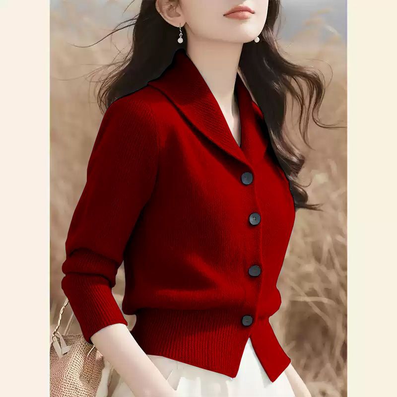 专柜女装毛衣时尚优雅纯色翻领长袖针织开衫女秋冬长袖上衣女|undefined