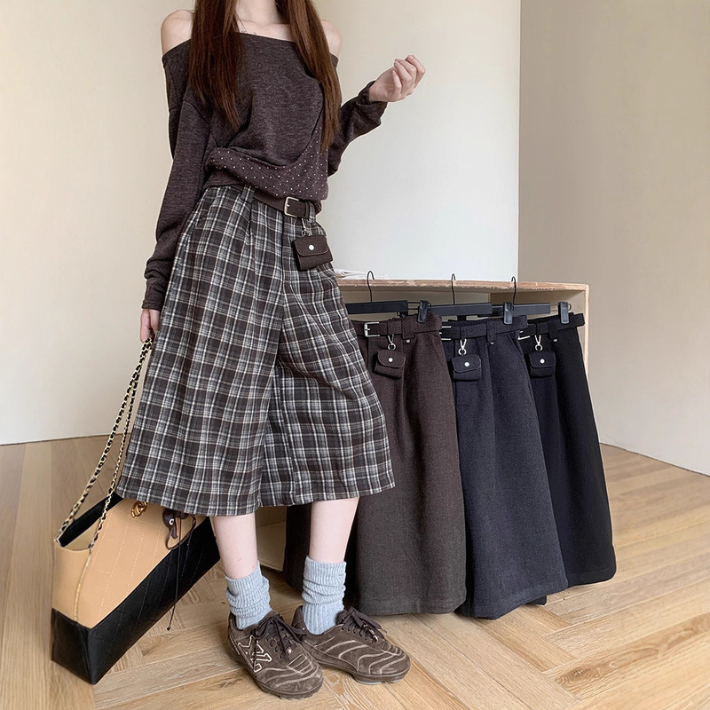 毛呢七分格子阔腿裤女2025秋季新款高腰显瘦设计感复古直筒休闲裤|undefined