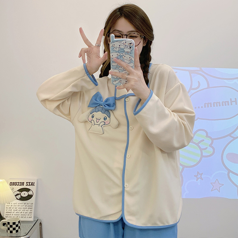 Más tamaño nuevo pijamas de las mujeres waffle algodón otoño y el invierno manga larga pequeña solapa cardigan linda chica traje hogar desgaste