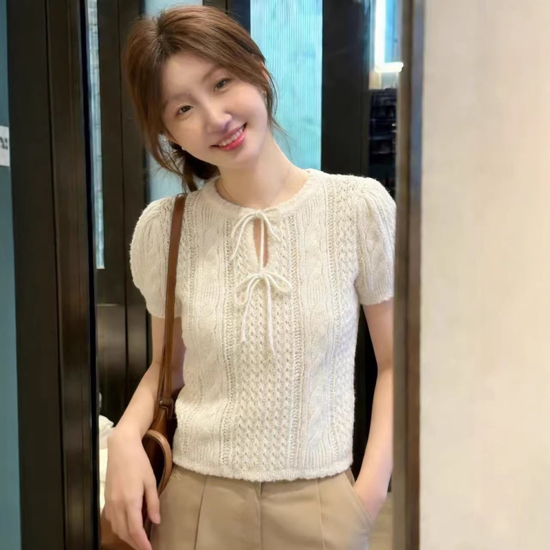 White Thick Cable-Knit Bow-Tie Puff Sleeve Short-Sleeve Knit Top for Women, 2026 Summer Gentle Style Women's Top