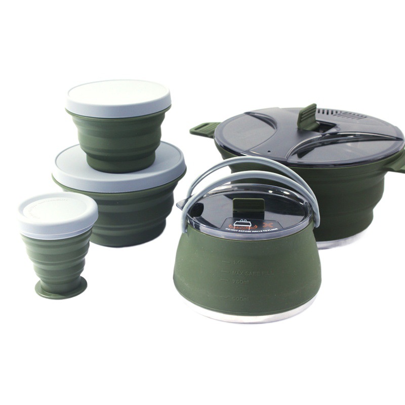 Nuevo acampar al aire libre plegable olla silicona senderismo olla portátil picnic olla set de acero inoxidable camping utensilios de cocina