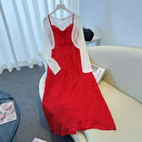 130-350 фунтов женская толстая мм красная подтяжка кардиган из двух частей летняя новая гонконгская праздничная юбка