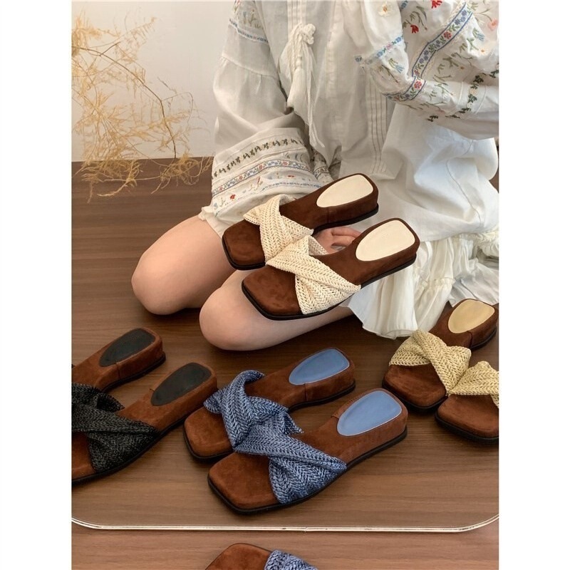 坡跟厚底海边度假风法式复古编织一字凉拖鞋女夏季外穿夹脚凉拖鞋|undefined
