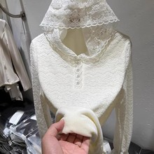 设计感加绒加厚连帽蕾丝衫女2025冬季新款洋气减龄甜酷打底衫上衣