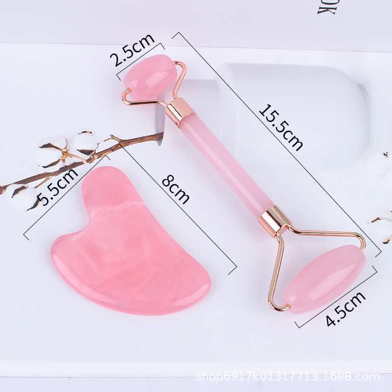 masajeador de rodillos de cristal de polvo en forma de corazón, masajeador de rodillos de doble cabeza, placa de belleza facial de cristal rosa