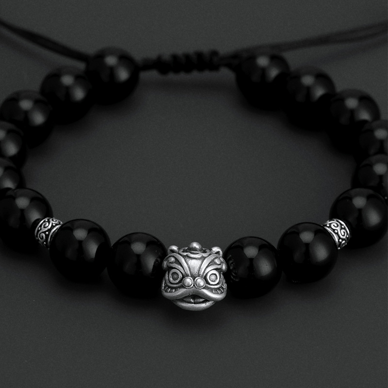 Silver-Plated Lion Awakening Obsidian Bracelet Silver-Plated National Trend Retro Bracelet for Men and Women High-End Good Luck Silver Jewelry Gift
