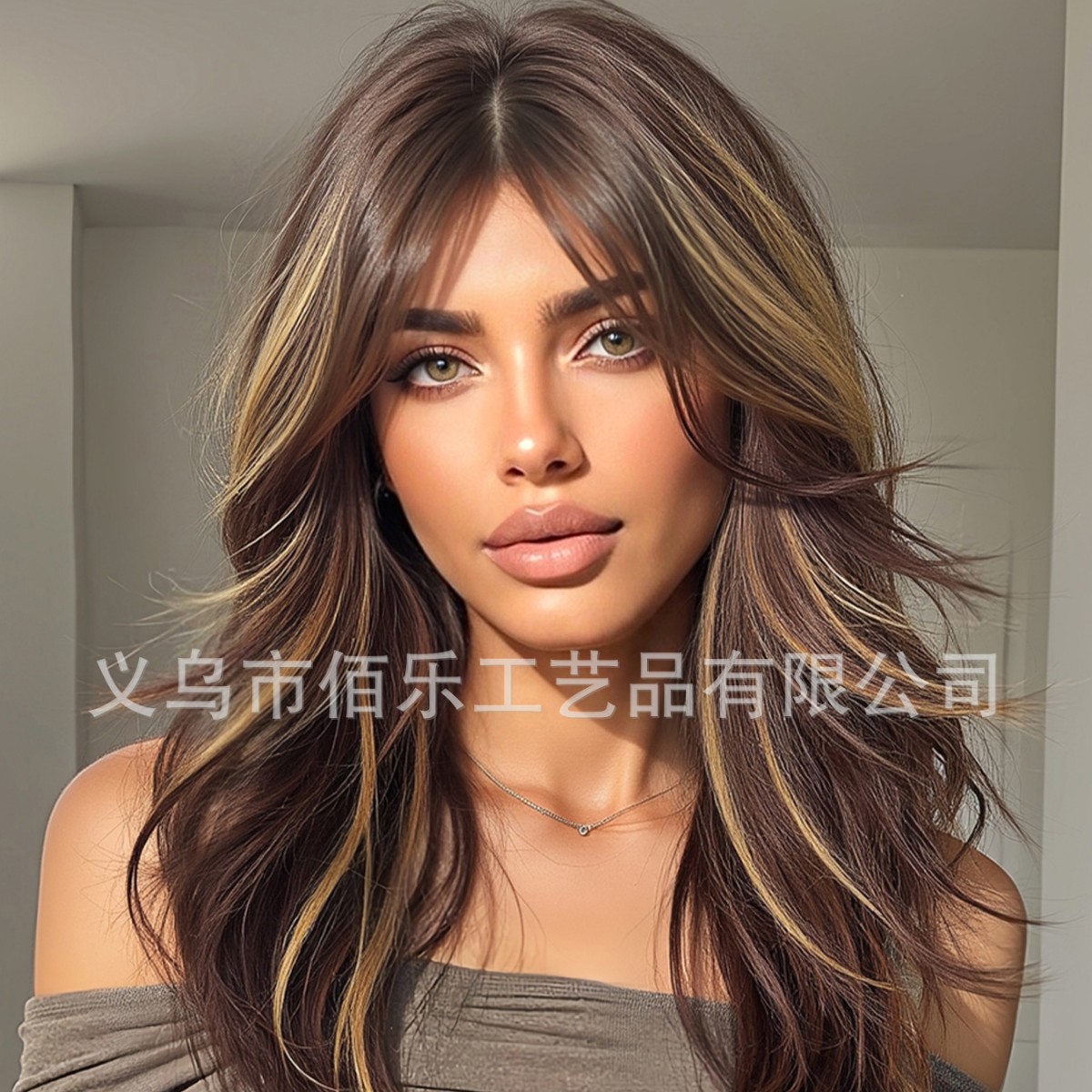 Pelucas marrones con picadura, flequillo de ocho caracteres, cabello largo y rizado transfronterizo, cubierta de cabeza completa, fibra química femenina, spot europeo y americano al por mayor wigs