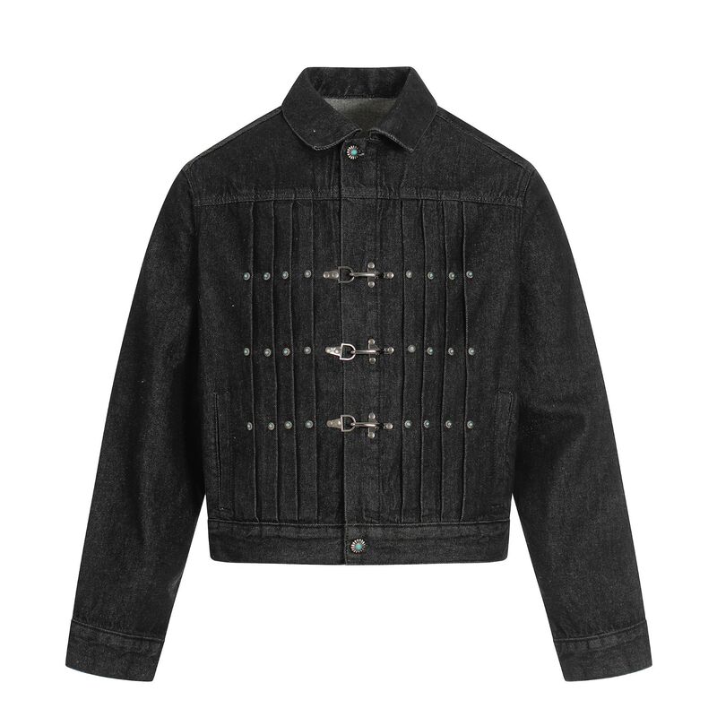 G6907 American Retro Autumn and Winter Original Cow High-End Pleated Metal Buckle Design Men's Short Wide Denim Jacket