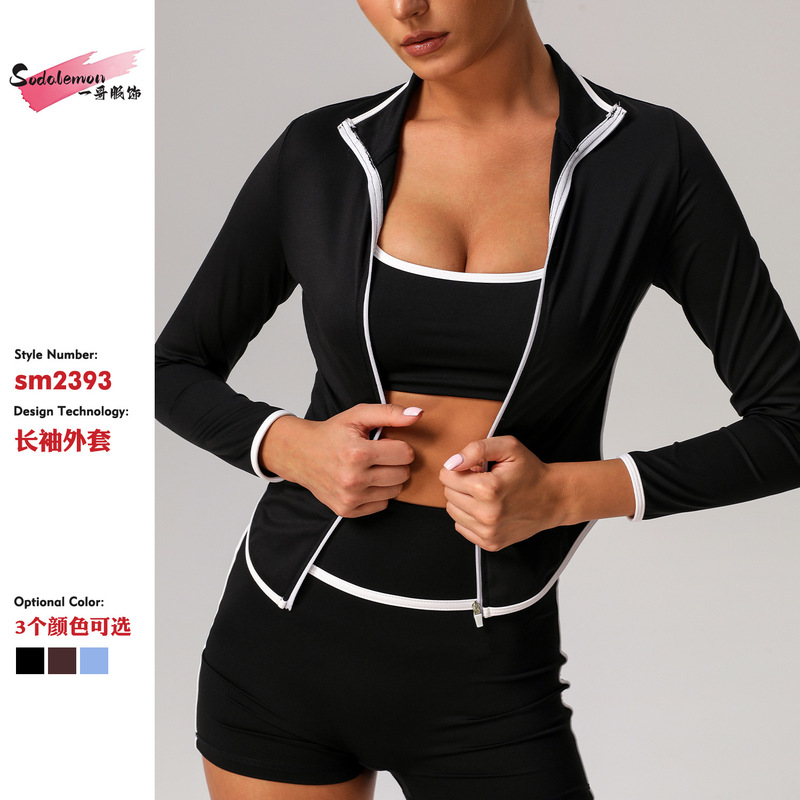 European and American High-End Color-Blocking Sports Yoga Jacket, Quick-Drying, Stand-Up Collar, Long-Sleeved, Fashionable Outdoor Fitness Top, Slim Fit