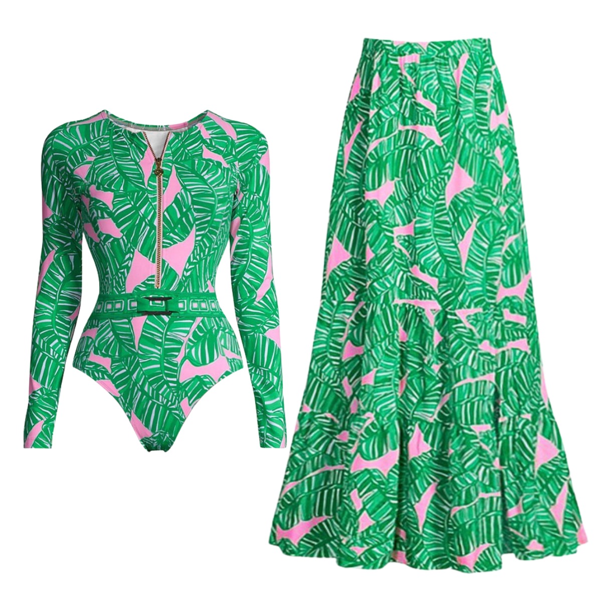 2024 European and American Swimwear New Long-sleeved Zipper Green Printed Surfsuit suit Women's Cross-border Explosions 25150
