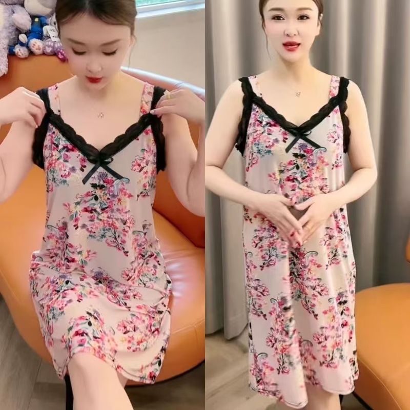2025 新しいワイドショルダーサスペンダーナイトガウン夏薄いファッション年齢軽減ルーズ大きいサイズの女性のパジャマカジュアルナイトガウン|undefined