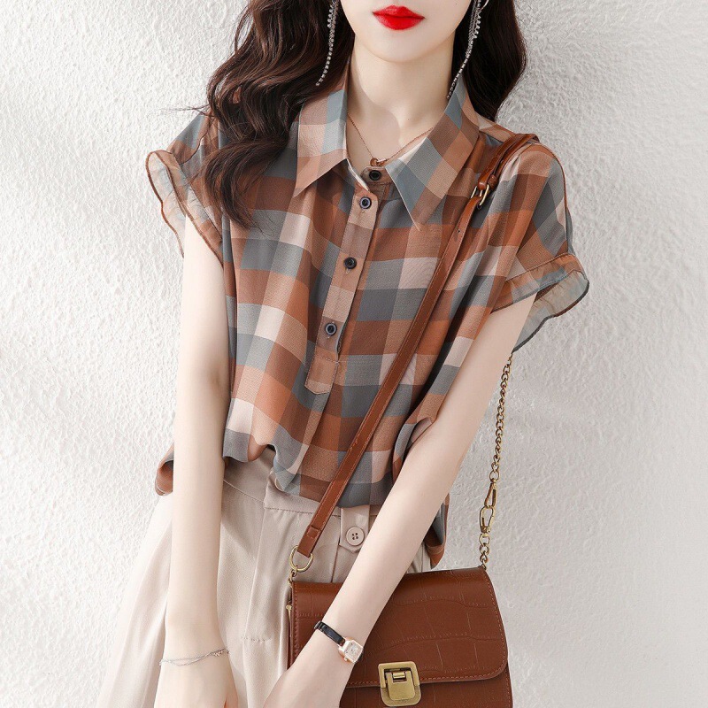 Short-sleeved Chiffon Shirt for Women Summer Thin New Loose Belly-covering Top Plaid Printed Western Style Chic Shirt Short-sleeved Chiffon Shirt for Women Summer Thin New Loose Belly-covering Top Plaid Printed Western Style Chic Shirt