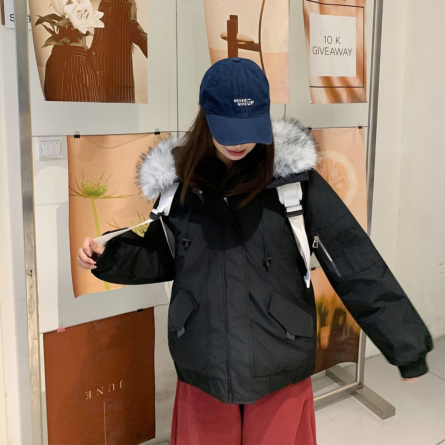 冬季加厚棉衣女美式复古派克服大毛领外套连帽短款纯色棉服外套