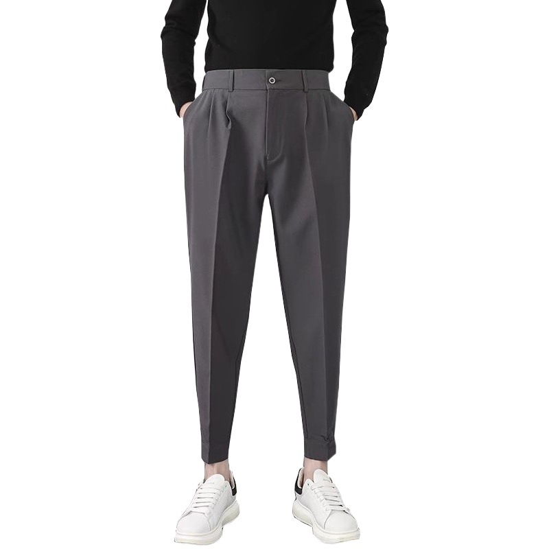 Pantalones casuales de color sólido de velcro para hombres pantalones hasta el tobillo estilo británico sin planchar nuevos pantalones de traje maduro ligero simple image 1