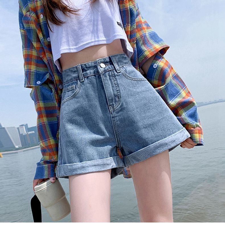Women's Summer New Trendy Denim Shorts High-Waisted Simple Slimming Loose Wide-Leg Versatile A-Line Hot Pants