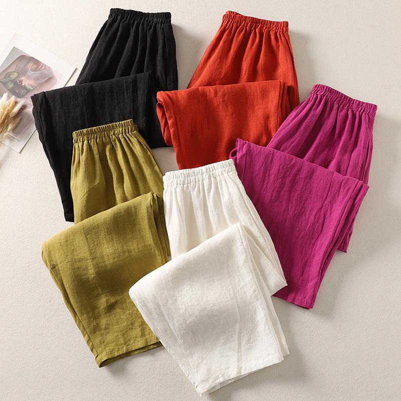 Real Shot of Ready-Made Cotton and Linen Casual Nine-Point Pants with Elastic Waist, Loose Artistic Wide-Leg Pants, Spring and Summer Large Size Carrot Pants for Women