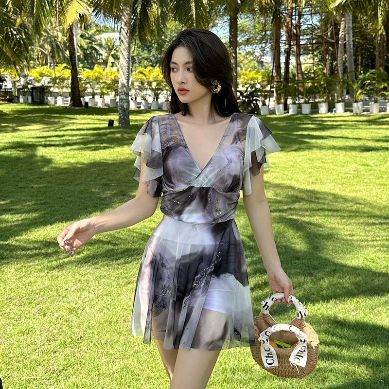 [泳衣女2025新款晕染花微胖mm200斤遮肚显瘦连体裙式聚拢露背性感]