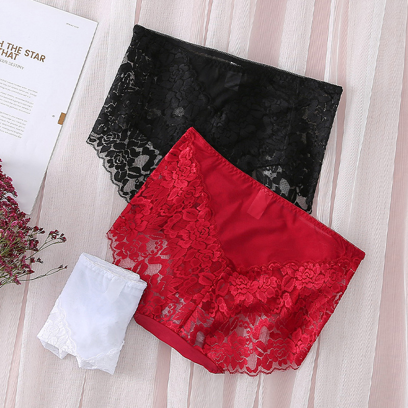 Solid Color Seamless Quick Dry Lace Mid Waist Briefs Panties display picture 3