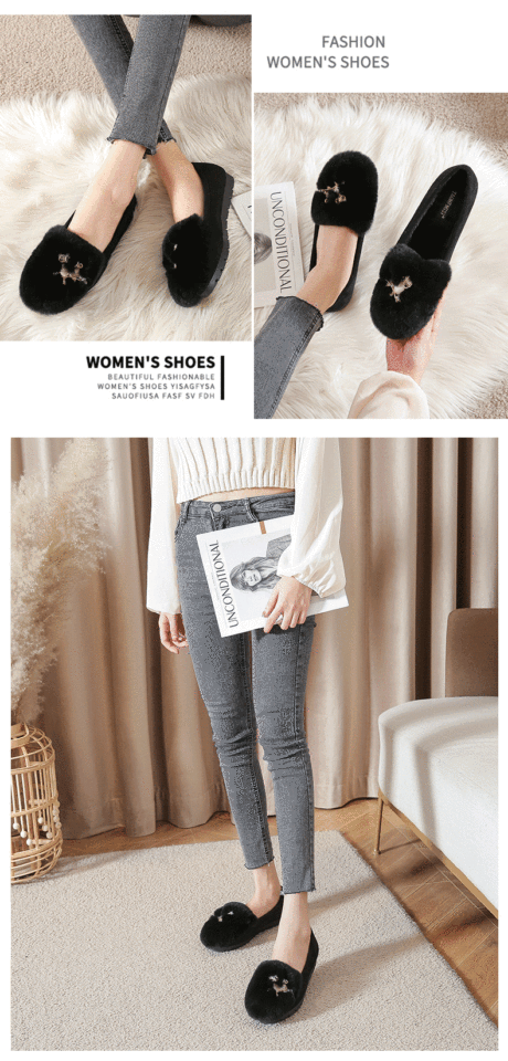Giày lười nữ lông mềm giữ ấm cổ thấp đế bệt chống trơn trượt — Màu xám, Màu đen chi tiết 17