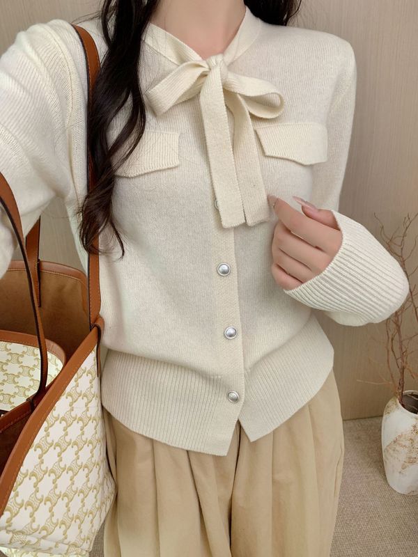 原创设计飘带系带领针织羊毛开衫女韩系温柔风高级感穿搭毛衣外套|undefined