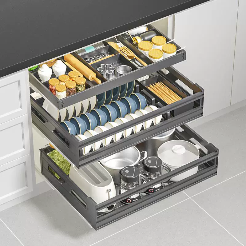 XytKitchentime выдвижной шкаф для стола, двойной плоский корзинный держатель, трехъярусная выдвижная корзина, из алюминиевого сплава посуда, пять открытий, европейский стиль