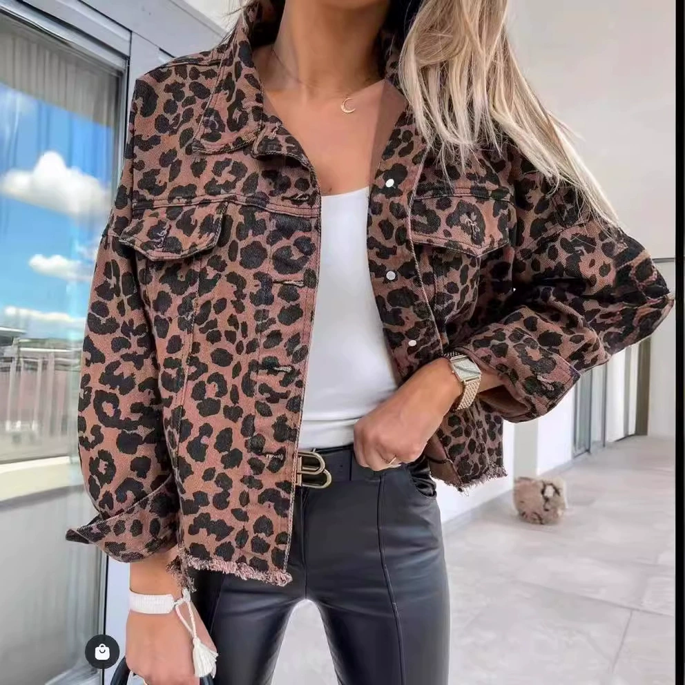 Spot 2024 Independent Station New Explosion Leopard Denim Jacket Trend Wash, Old Streaming Son denim jacket girl
