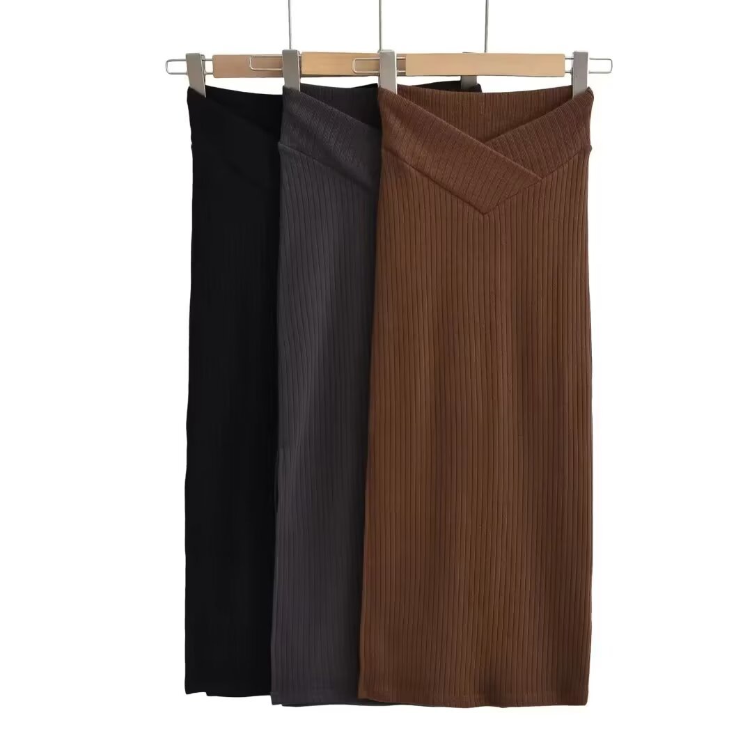 2025秋新款V字交叉腰纯色包臀裙女高腰弹力紧身后开叉半身裙长裙