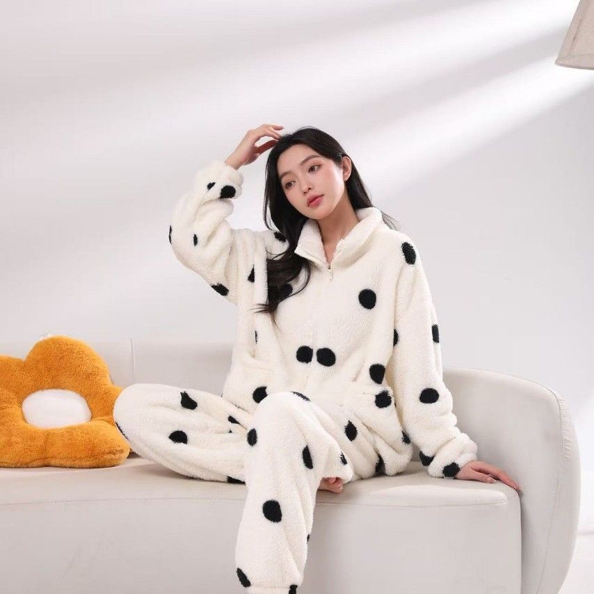 Pijamas de invierno al por mayor transfronterizos de punto de ondas de peluche largo collar de los estudiantes de ropa de casero en línea con cremallera ocio engrosado conjunto