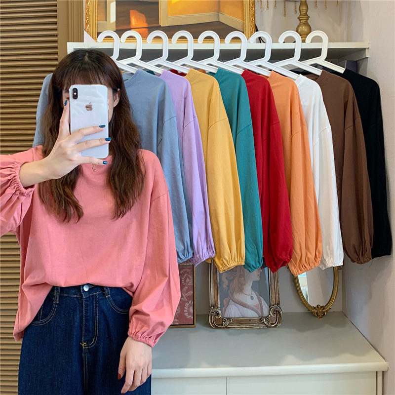 2025 Spring New Long-Sleeved T-Shirt Women's Basic Loose Sweet Pure Color Lantern Sleeve Top Ins Trbottomy Bottoming Shirt
