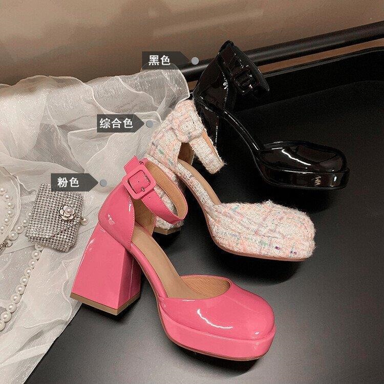 2023 Spring/Summer Barbie Pink Waterproof Platform Single Strap Closed-Toe Chunky Heel Hollow Mary Jane Square-Toe High Heels