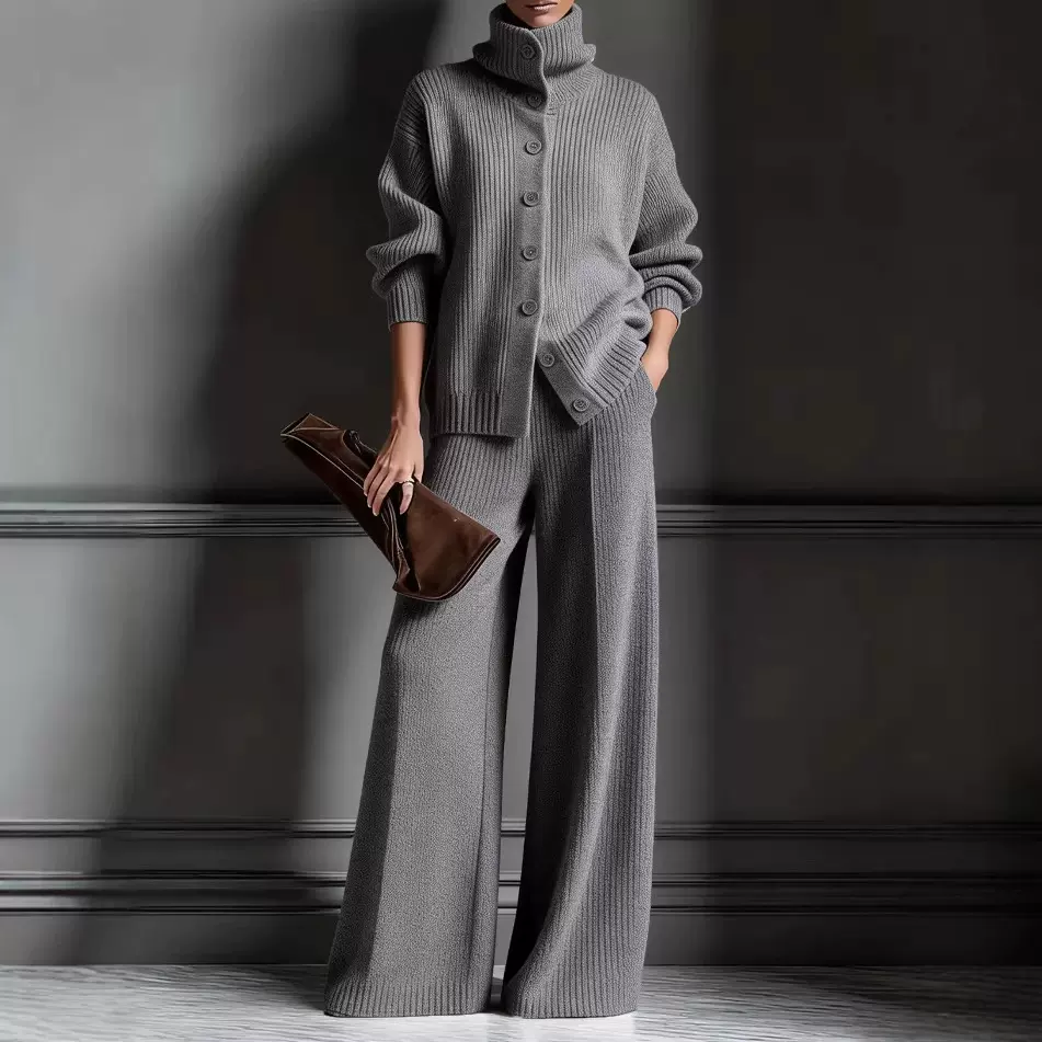 欧美跨境秋冬季新款高领纯色开衫长袖上衣阔腿裤子套装针织2件套